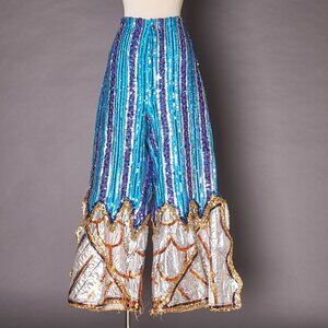 1970s Blue and Silver Sequin Flared Leg Costume Pants